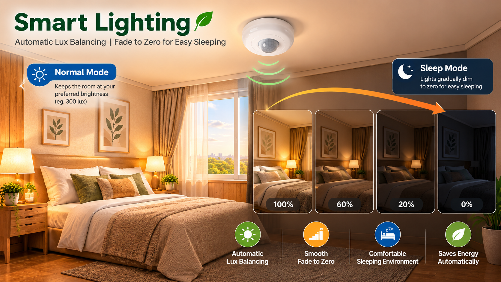 Smart lighting automatically balances illumination as daylight changes
